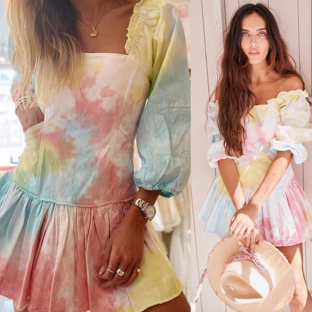 LoveShackFancy Pastel Tie-Dye Mini Dress — Pink, Yellow, Blue